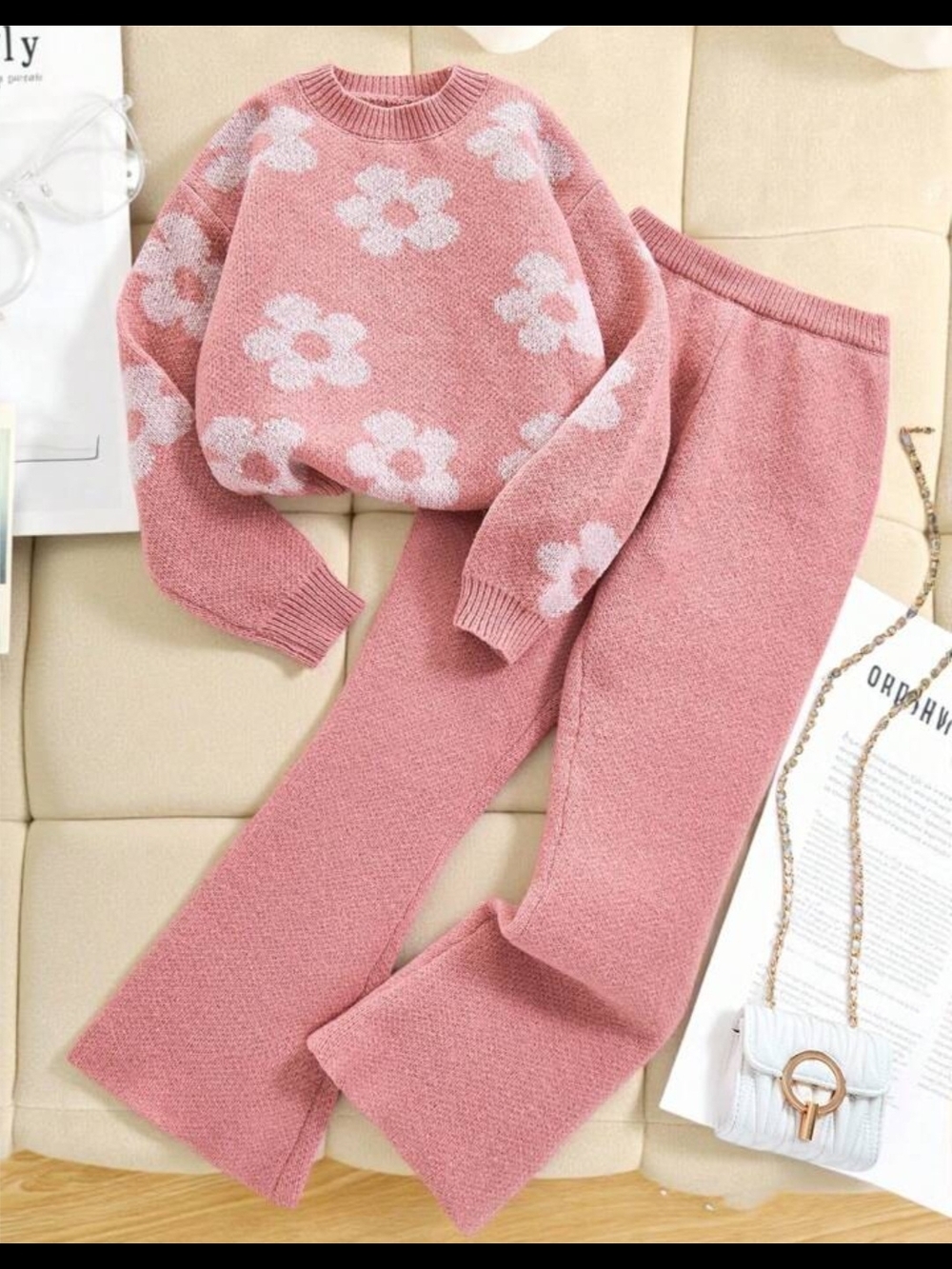 SHEIN Tween Girl Casual Floral Pullover Sweater And Pants 2pcs Set